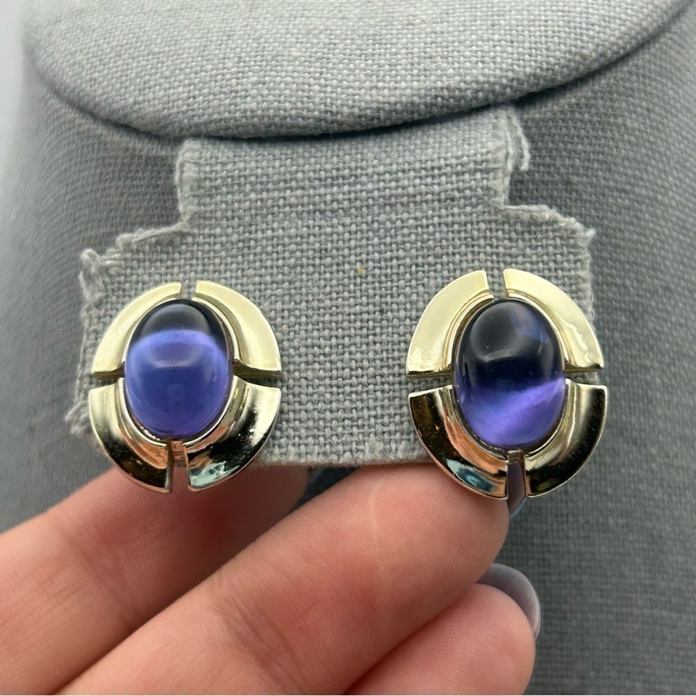Vintage Purple Blue Resin Cabochon Silver Tone Framed Textured Stud Earrings